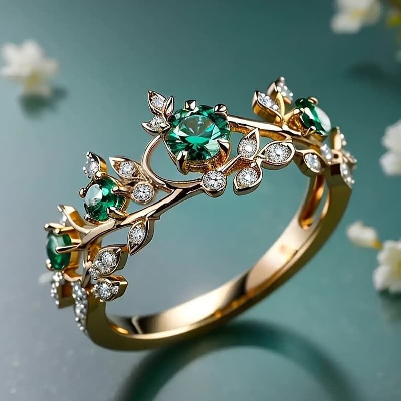 TEMU Fashion Vintage Jewelry Exquisite Inlay Green Synthetic Gemstone Flower Ring For Women Daily Party Holiday Temperament Rings Jewelry Wedding Banquets Elegant Ring Gift