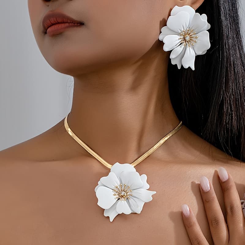 TEMU 3pcs Set Of Fashionable Exquisite Flower Pendant Necklace Stud Earrings Women's Jewelry Suitable For Evening Parties, Banquets, Dates