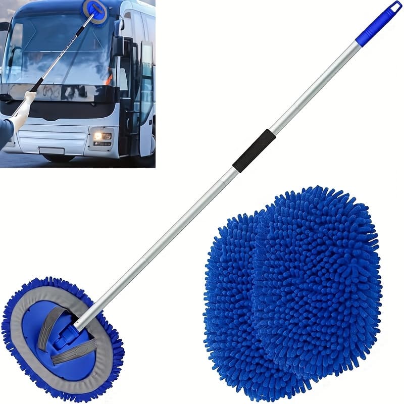 TEMU Microfiber Car Wash Mop With Long Handle - Scratch-free Detailing For Cars, Trucks, Suvs, Rvs, Boats - Includes Chenille Sponge Duster(two Mop Heads)