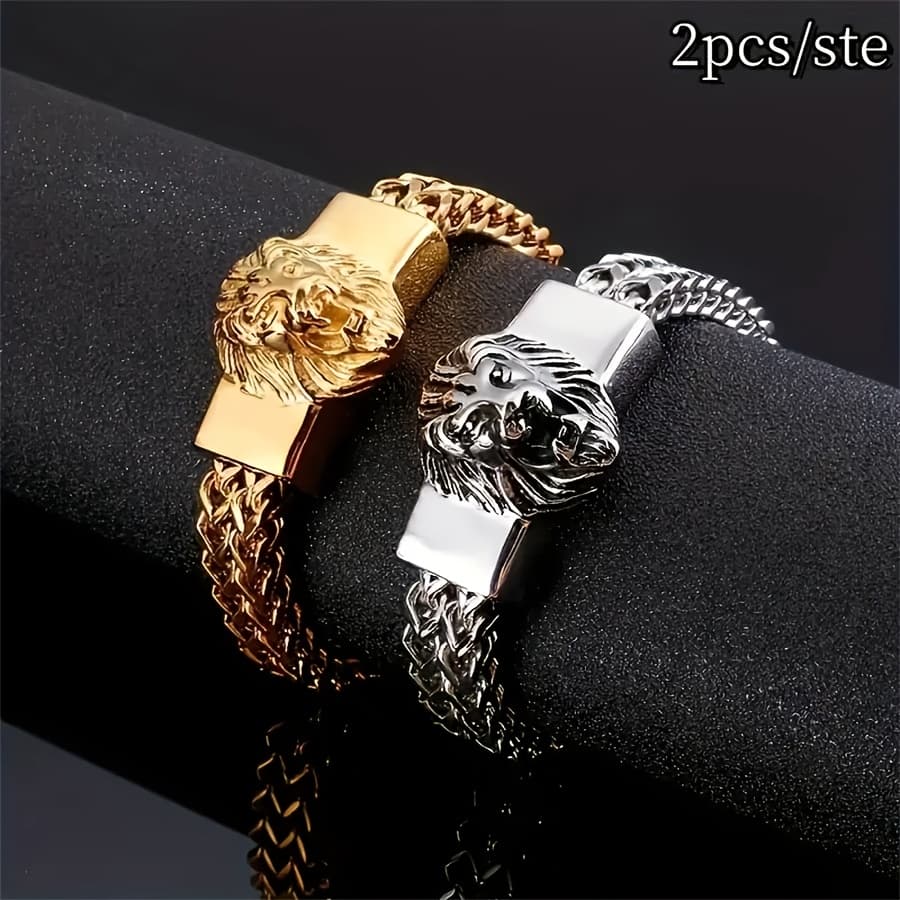 TEMU 2pcs Stainless Steel Bracelets For Men, Hip Hop Fashion Wristbands, Non-magnetic Braided Chain Animal Wrist Jewelry Accessories