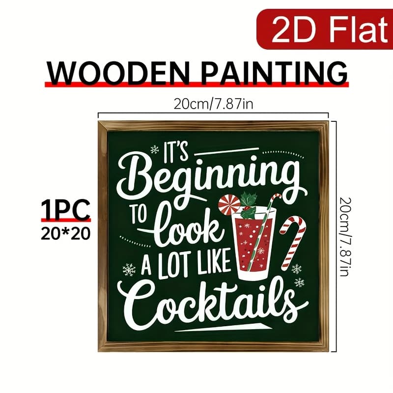 TEMU 2d Flat, 1pc Wooden Sign Rustic 'cocktails' 8x8 Inch Farmhouse Christmas Wall Art, Decor & Gift For , 2d Flat