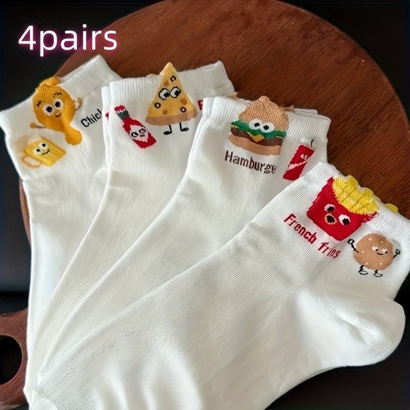 TEMU 4 Pairs 8 Pairs Women's Comfortable Fashionable Colorful Cute Cartoon Hamburger Pizza