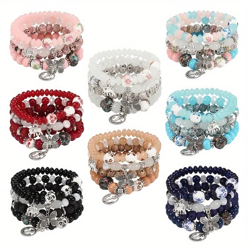 TEMU 32pcs/8set Multilayered Boho Beaded Bracelet With Elephant & Charms - Adjustable Stretch Stackable Design - Perfect Women Beach Jewelry Accessory