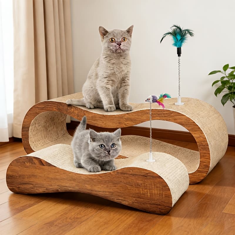 TEMU 2 In 1 Scratcher Cardboard Lounge Bed | Durable Multilayer Board Pads Prevents Furniture Damage, Large With Toys, Gift