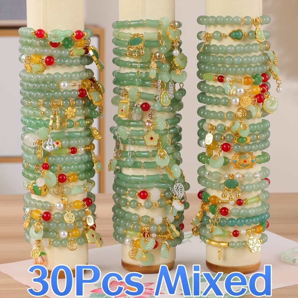TEMU 15/30pcs Elegant Green Glass Elastic Bracelet Set - With Flower Peanut Charm, Ideal For Daily & Gift Occasions Accessory