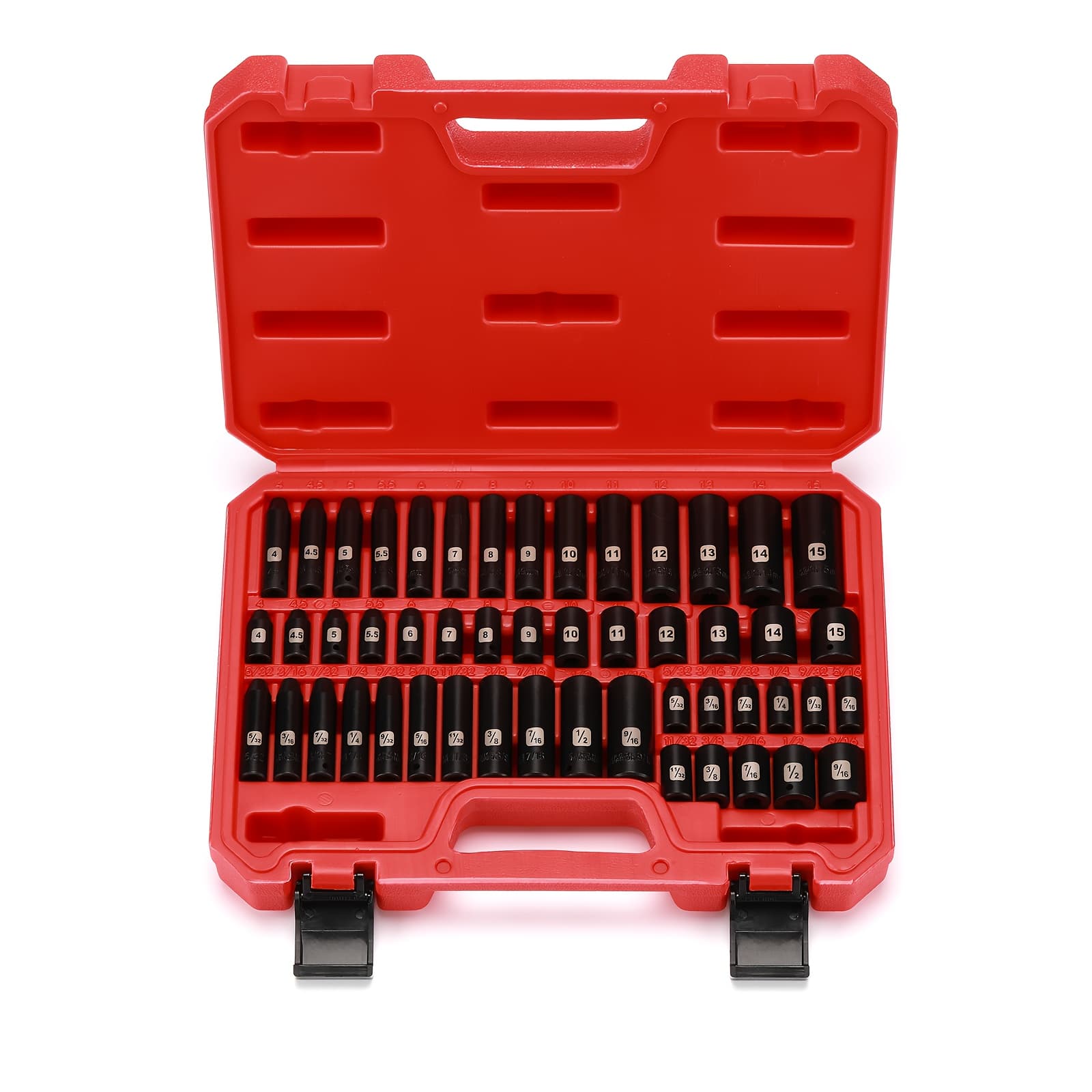 TEMU A Set Of 50pcs Of 1/4" Drive Impact Sockets, Made From , Featuring In Deep And Shallow Designs, Covering Metric And Sae Sizes From 5/32" To 9/16" And 4mm To 15mm, With A Corner Design