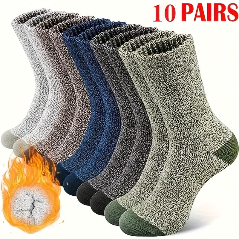 TEMU 10-pair Winter Thermal Knitted Socks, Unisex, Fabric, Moisture-wicking, Elastic Cuff, Breathable Solid Color Hiking Socks