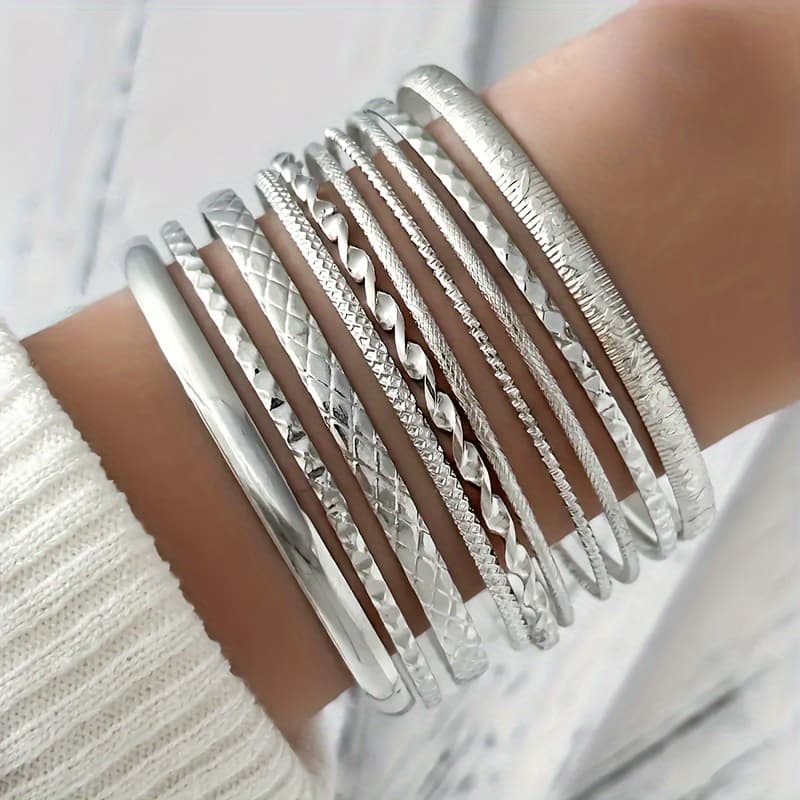TEMU 10pcs Simple Casual Carved Textured Bangle Combination Silvery Color Optional Jewelry For Ladies Daily Wear, Fashionable, Simple And Versatile Women Fashion Bracelets, Gift For Her