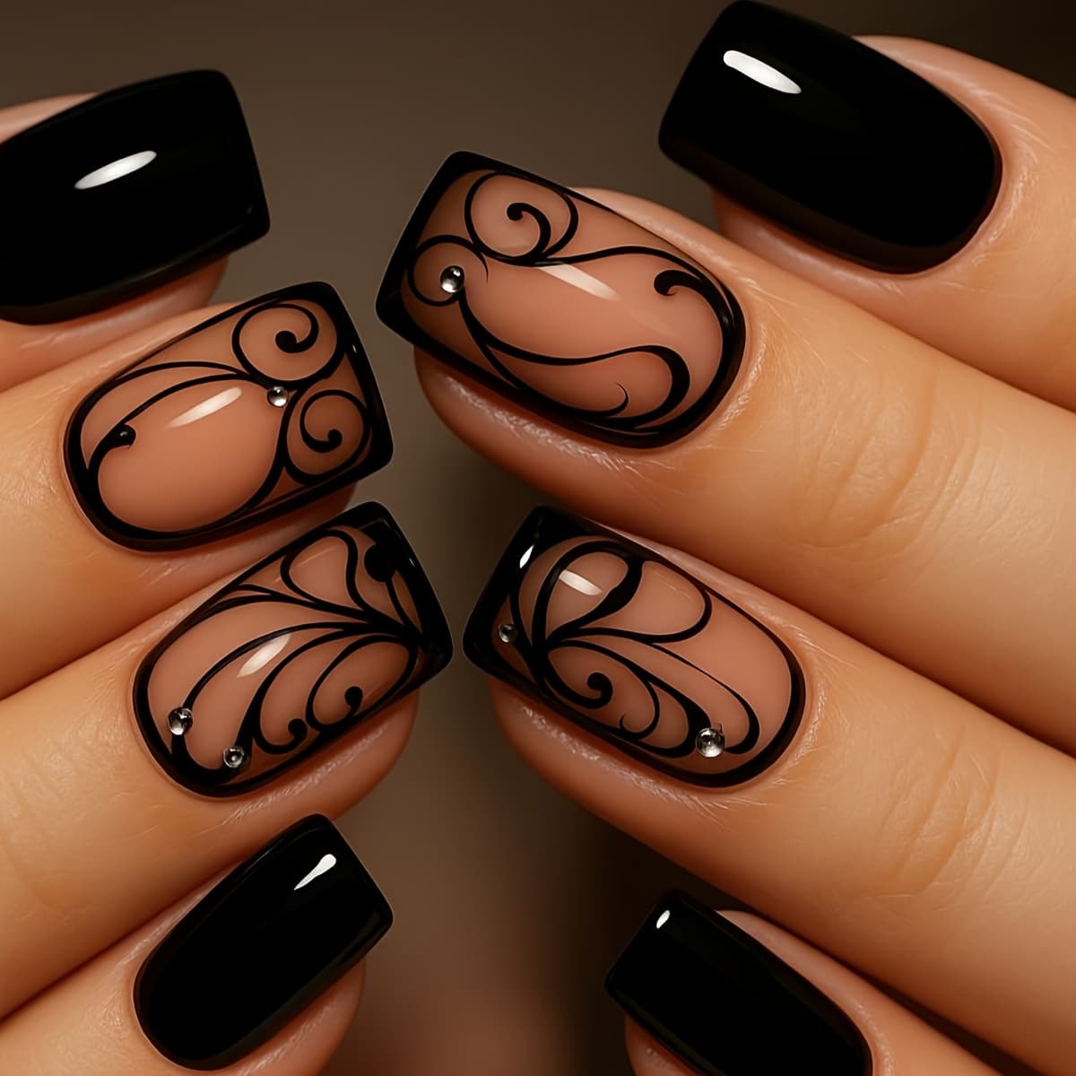 TEMU Medium-length Square Nail Stickers With Black Striped Design, 24pcs Reusable False Nails