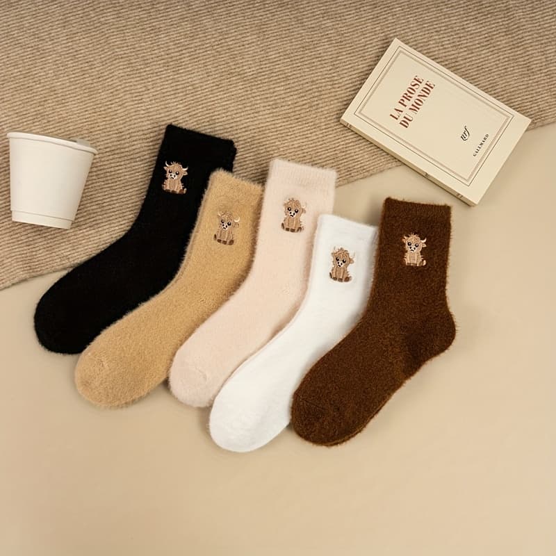 TEMU 5-pair Calf-length Socks With Calf Pattern, Material, Warm And Comfortable, Autumn/winter , Plush, Ideal Gift