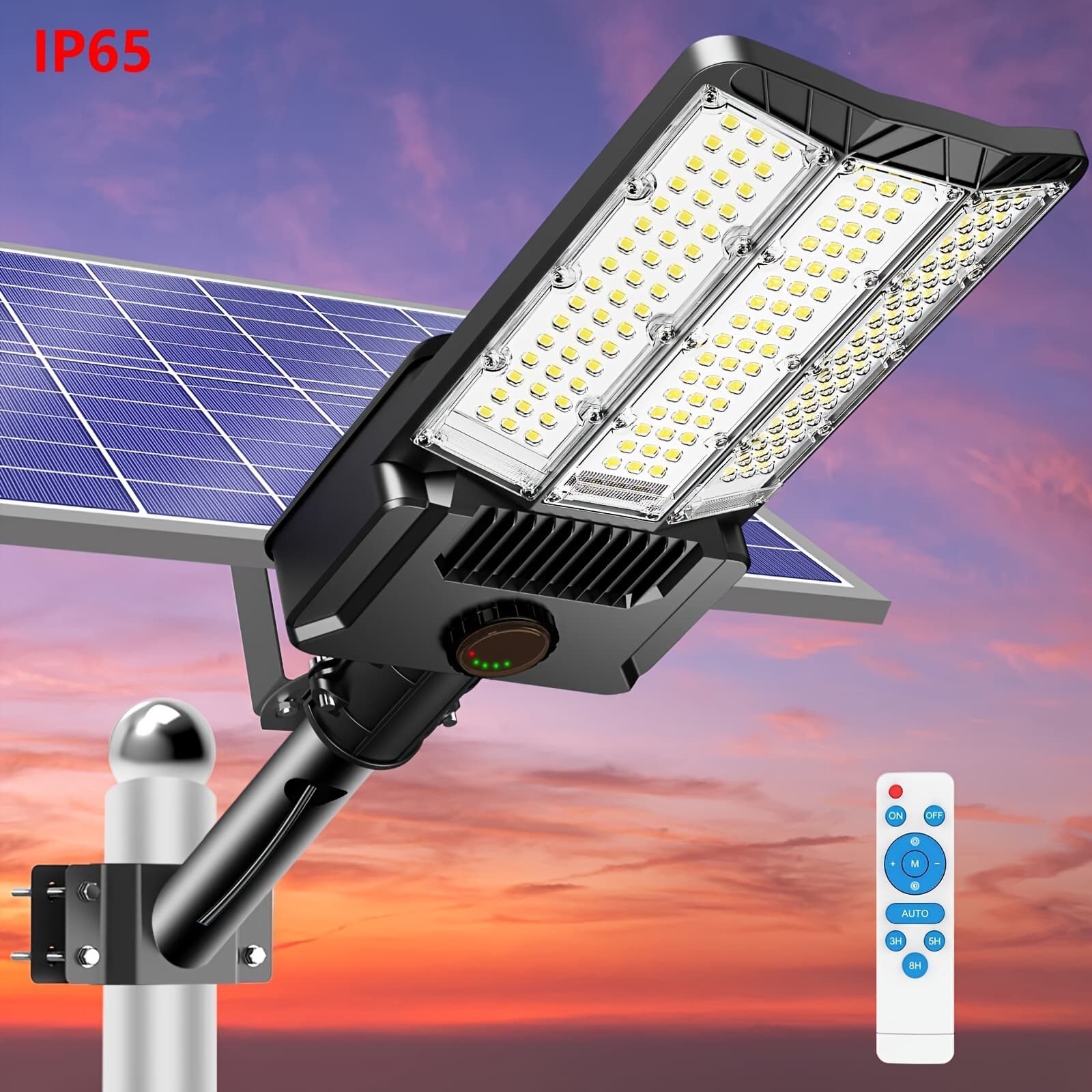 TEMU 1pc Solar-powered Outdoor Street Light With Remote Control, Ip65, Automatic Dusk To Dawn Lighting, Wall Or Pole Mount, Plastic Shade, Includes Installation Hardware
