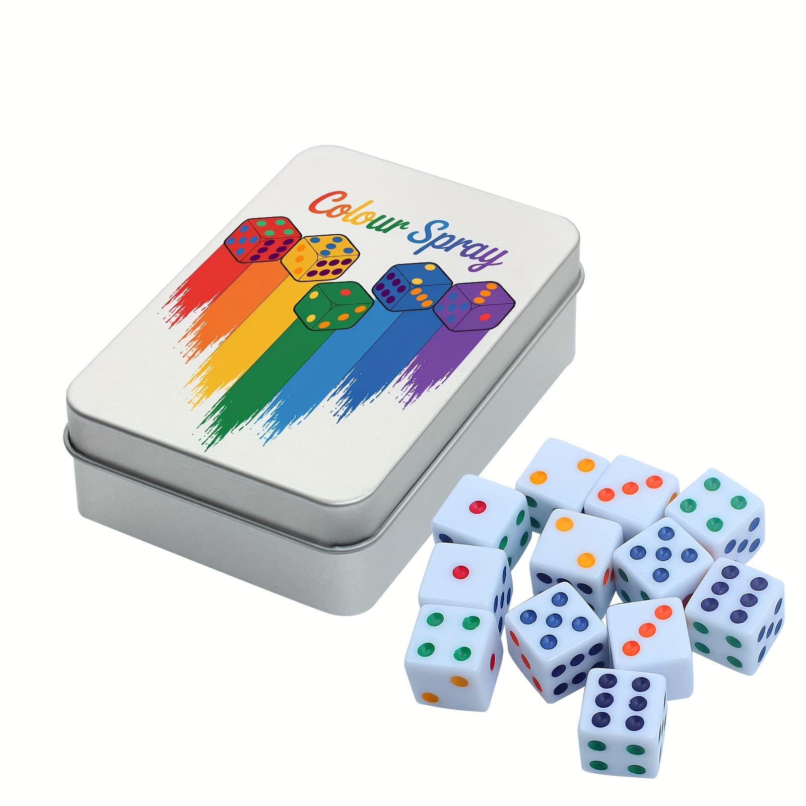 TEMU Set Of 12 Dice In A Tin Box, Standard 16mm Six-sided D6 Dice In White With Colorful Dots, Perfect For Board Games