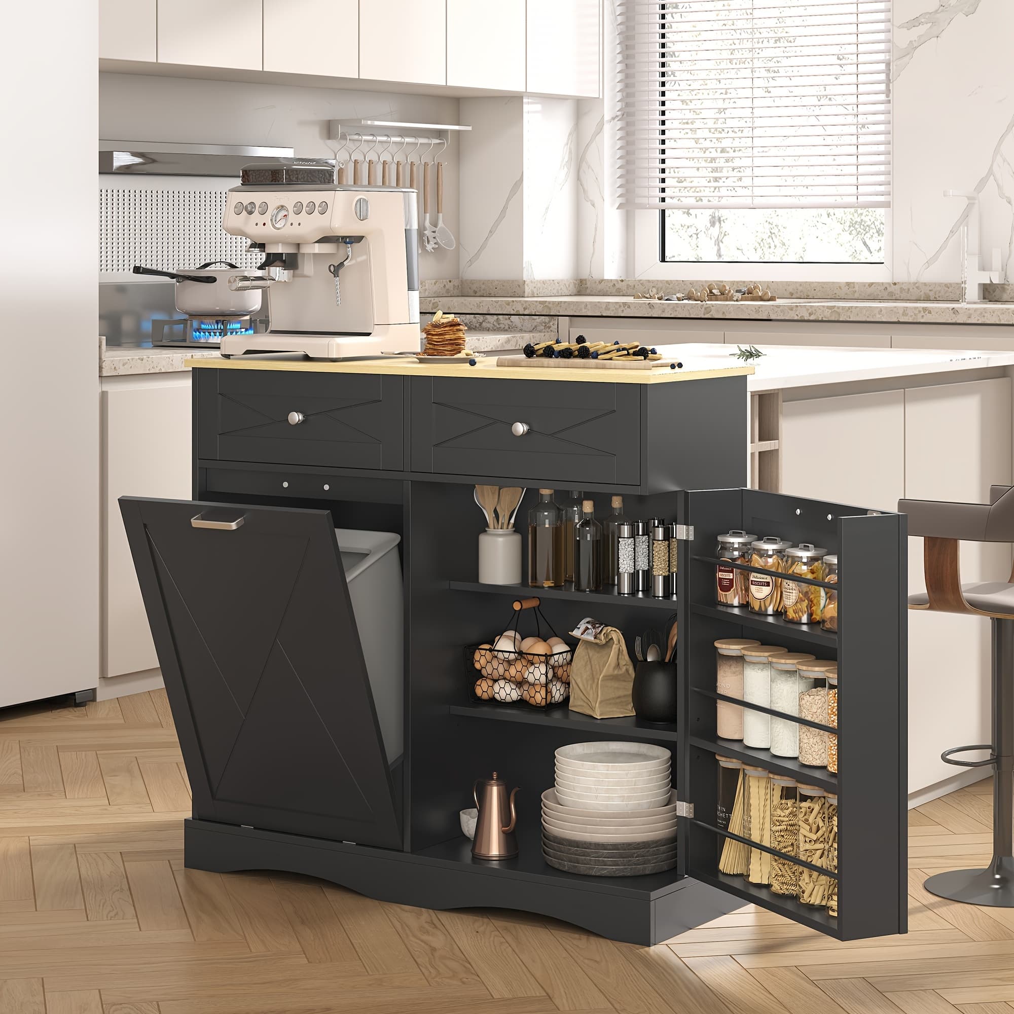 TEMU Wood Kitchen Pantry Island With Tilt-out Trash Cabinet & Laundry Hamper - Adjustable Shelf Suitable For For, Suitable For Small Spaces, Hidden With Drawers, Tilt-out Basket System, Space-saving