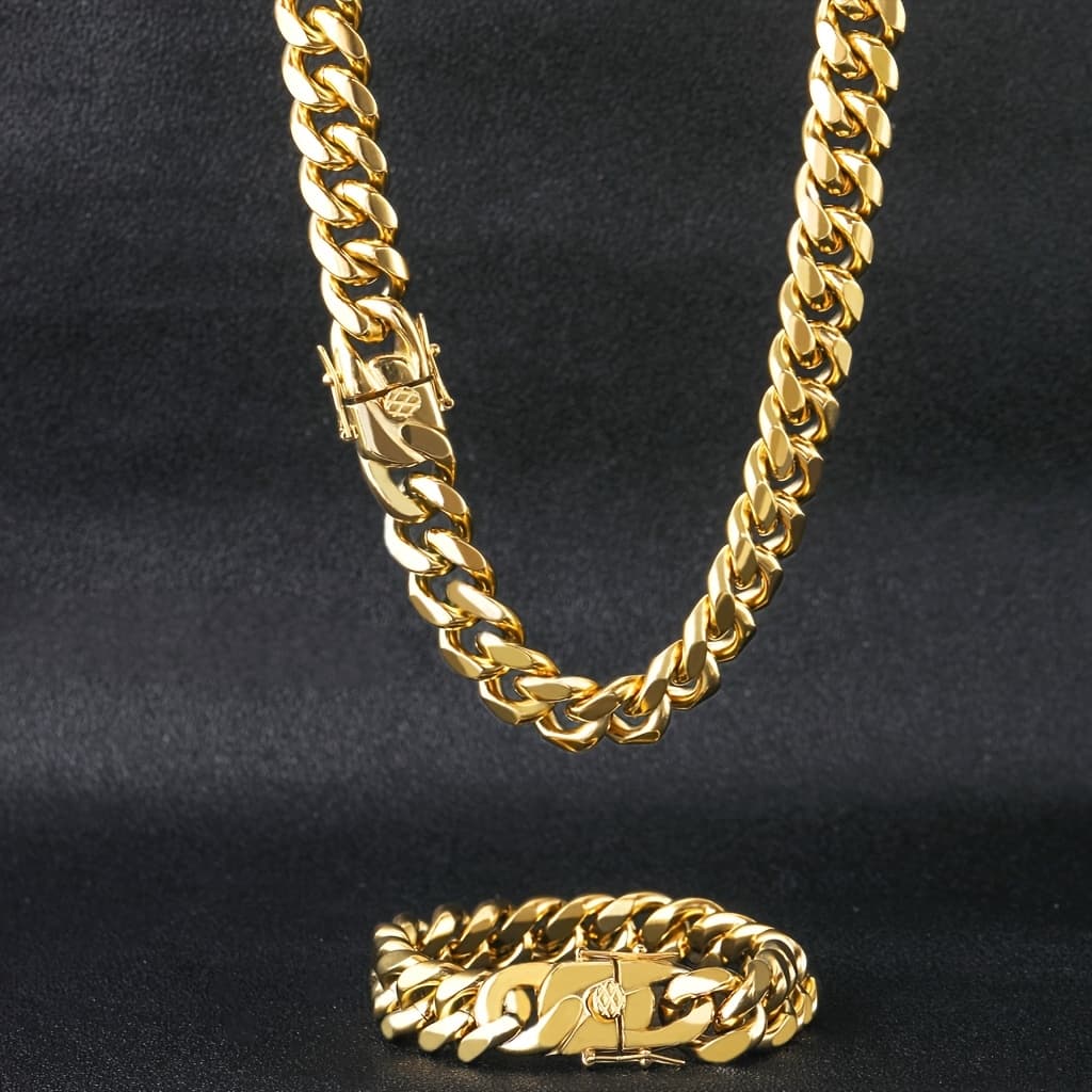 TEMU 2pcs 18k Gold Plated Necklace And Bracelet Men 316l 316l Stainless Steel Cuban Chain