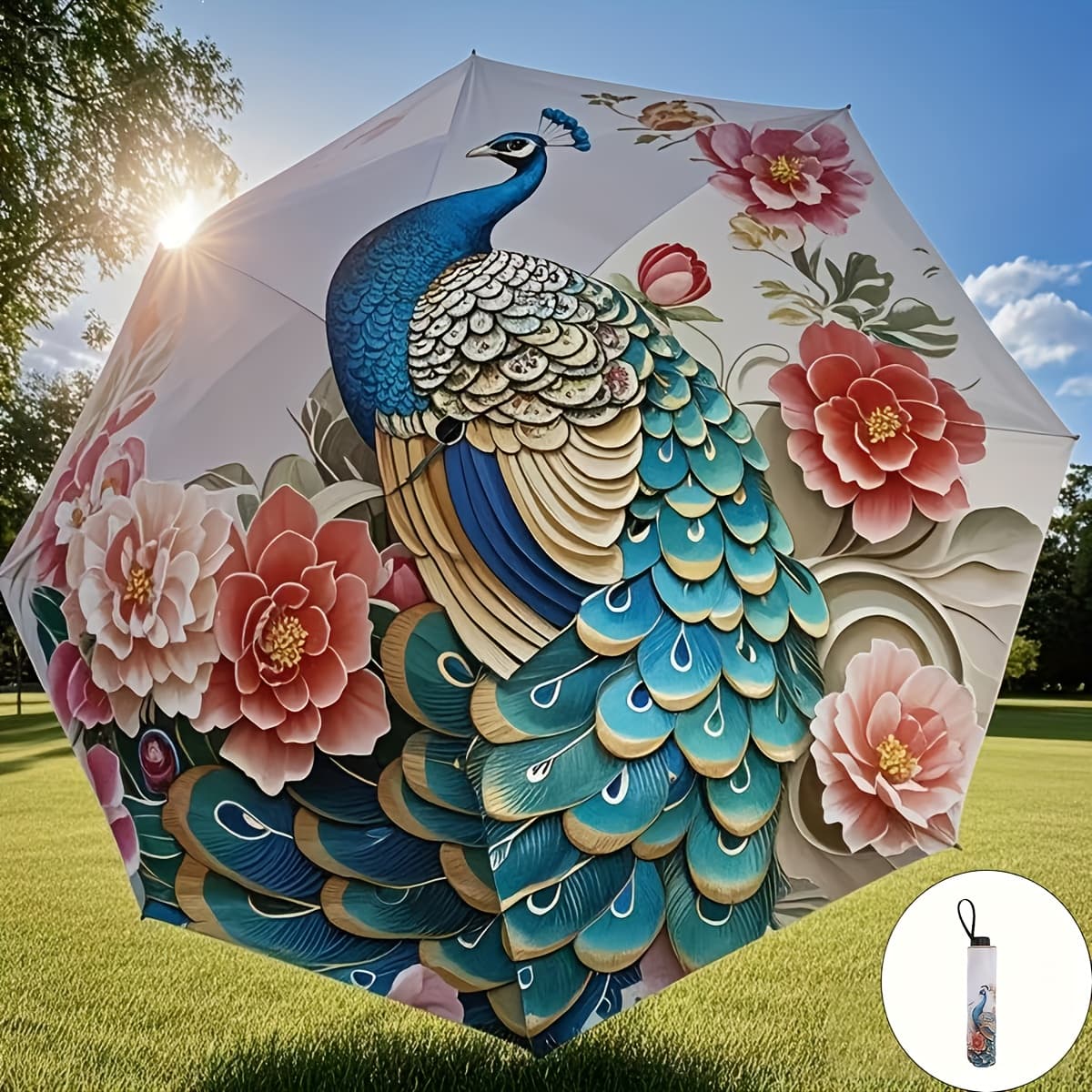 TEMU & High Umbrella With Peacock/rooster Pattern - Reinforced , 8-rib Manual Open/close, 190t Vinyl Canopy & Ergonomic Handle - Portable Rain Umbrella For /, Travel, Commuting ( Shield)