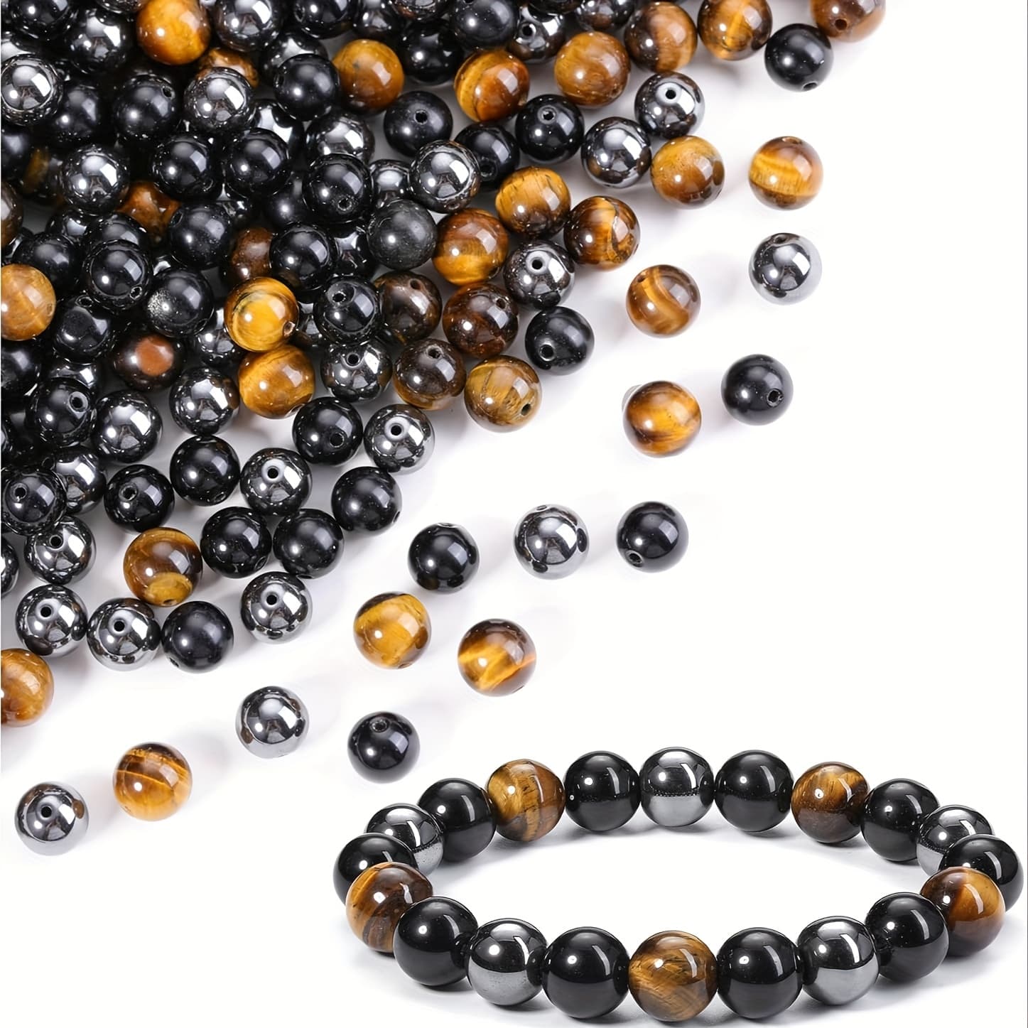 TEMU Natural Stone Beads Mixed 60pcs 8mm Round Stone Beading Loose Gemstone Tiger Eye Obsidian Hematite Crystals Polished Genuine Beads For Bracelet Necklace Jewelry Making