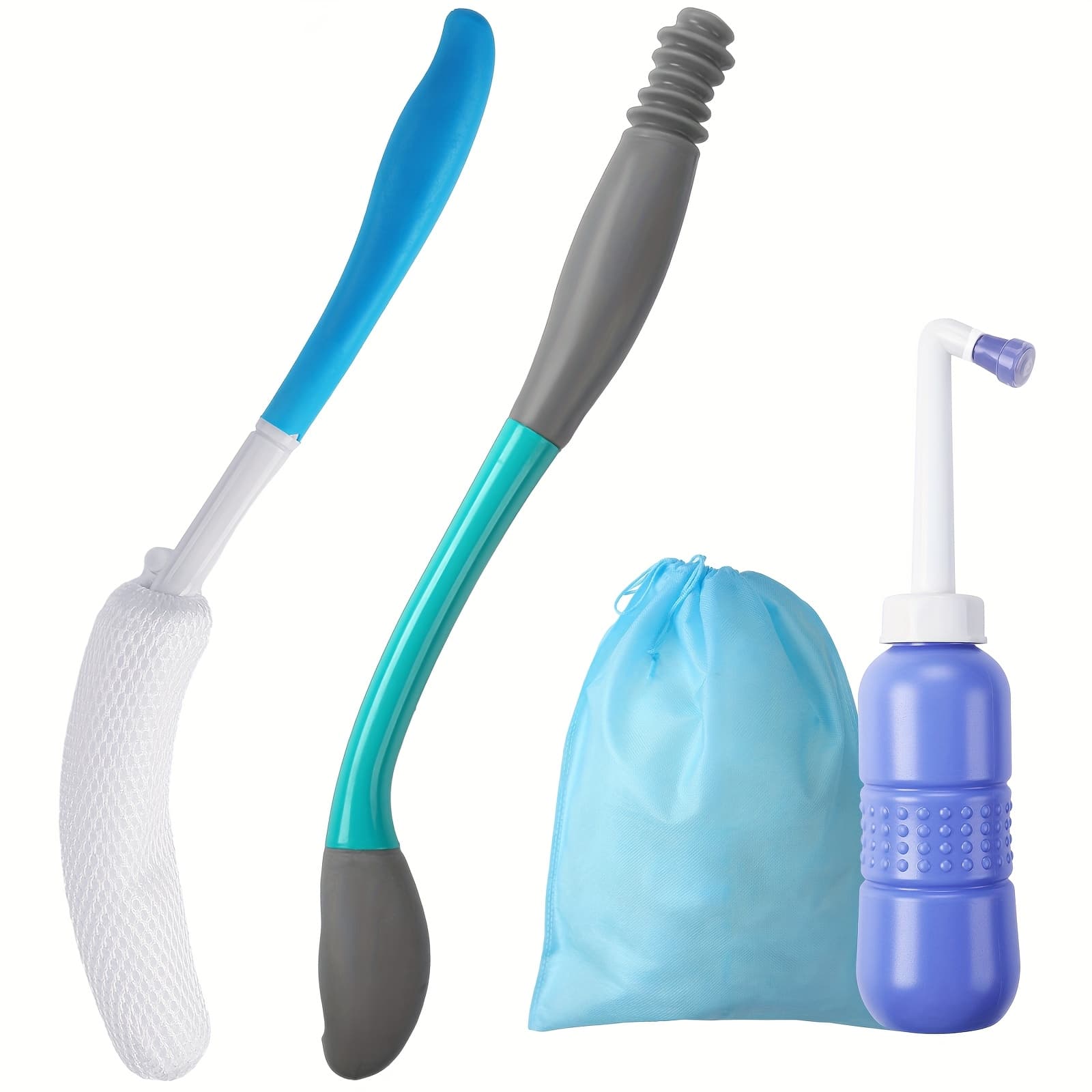 TEMU Set Of 4 Tools For Wiping, Featuring A Long Handle Wiper, Shower Brush, Portable Bidet, And A Storage Bag For Comfortable Self-cleaning In The Bathroom