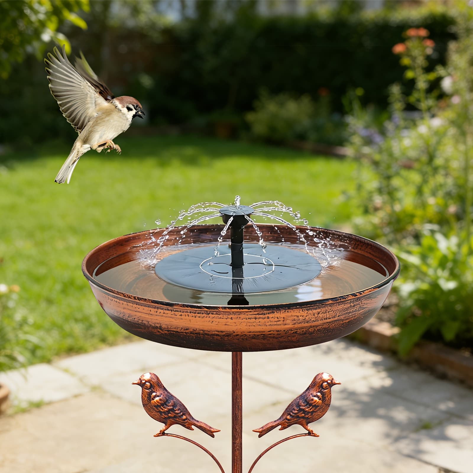 TEMU 1 Set Solar-powered Outdoor Fountain & Bird Bath Feeder With Wrought Iron Fountain, Rustic Bird Feeding Station Suitable For Garden,, - Solar-powered Water Feature