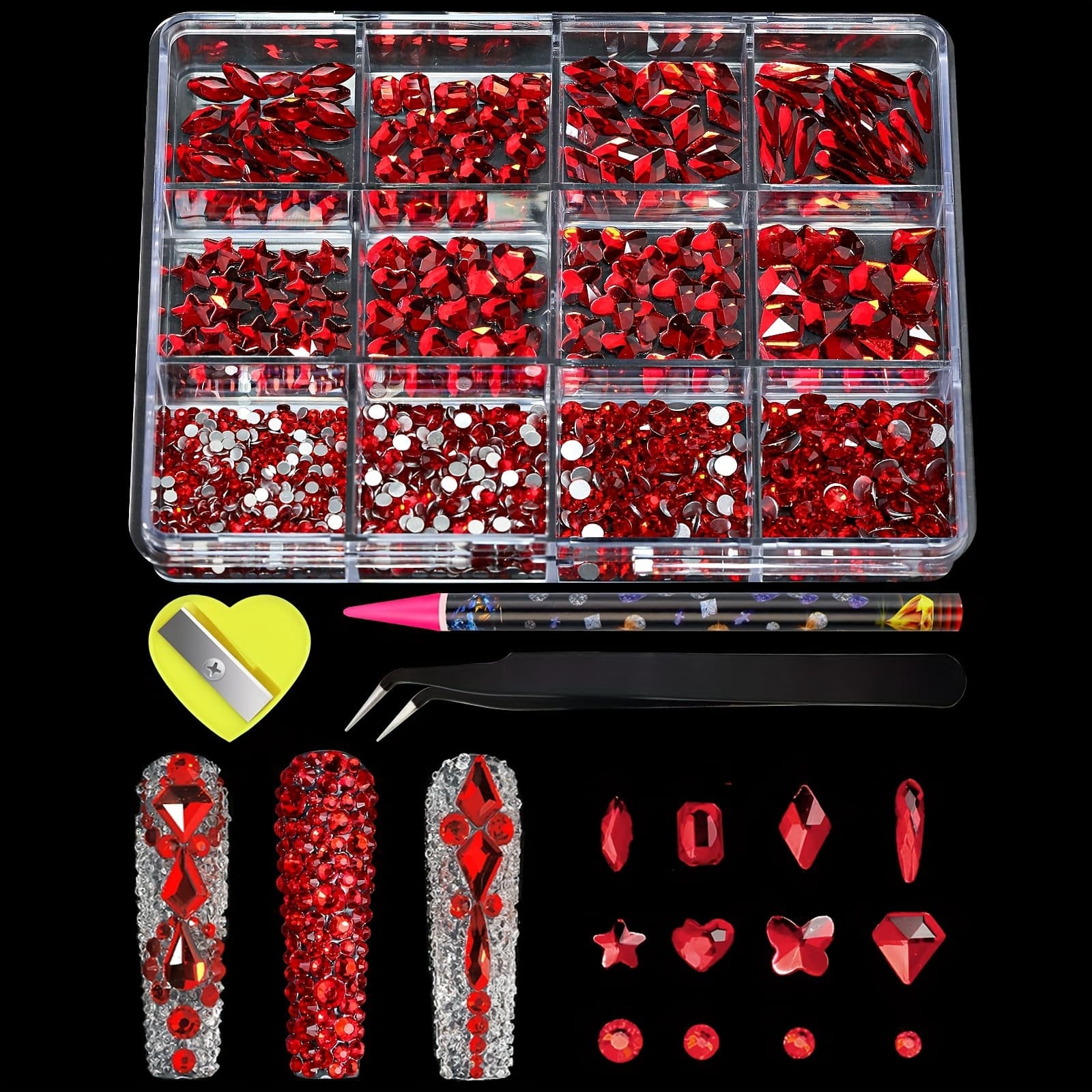 TEMU 12 Grid 3d Multi -shaped Nail Diamond Flat Diamond -bottom Diamonds, Heterogeneous Mixed Jewelry Mixed Round Glass Diamond Decoration
