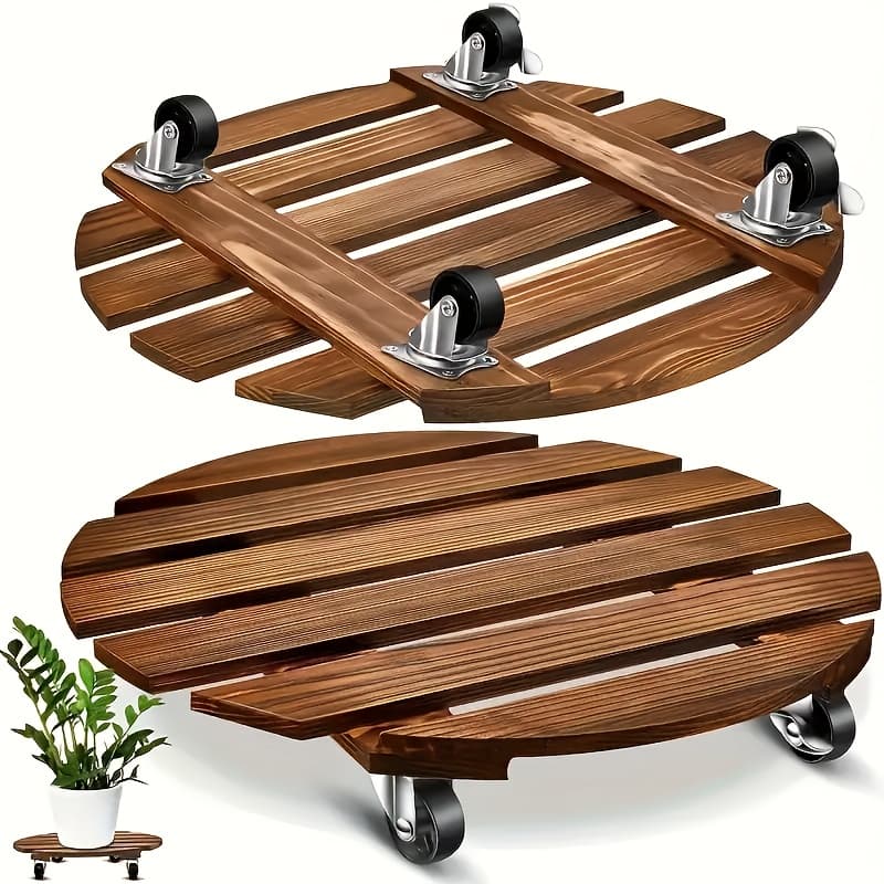 TEMU 2pcs Wooden Plant Stand With Locking Wheels - Suitable For Indoor/outdoor Heavy-duty Rolling Plant Stand, Perfect For Large Potted Plants