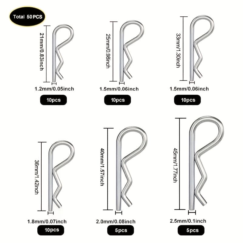 TEMU 50pcs Heavy Duty R-clip Assortment Kit, Sizes, Spring Fasteners For Trailer Locking. Ideal For Trailers, Clamps, Lawn Mowers And Trucks, Mechanic