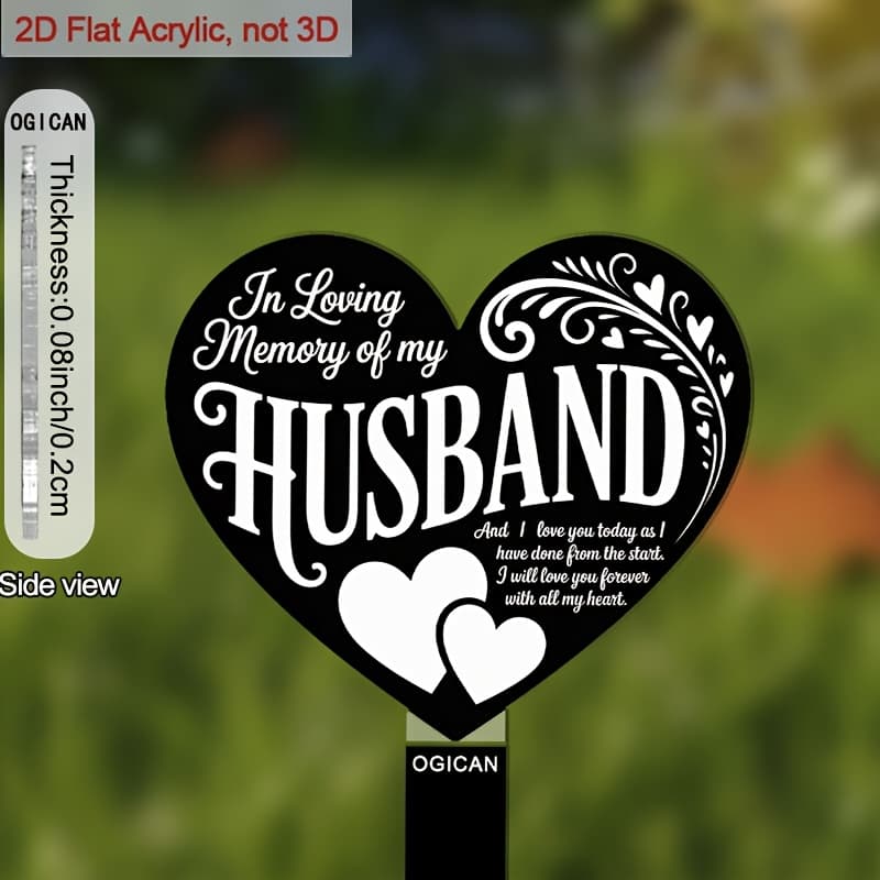 TEMU 2d Flat, [2d Flat] In Loving Memory Of My Husband 2d Flat Acrylic Heart Garden Stake - & Tender Message, Decor For Garden, Yard, Graveside, 6 Inch/15.2cm, 0.08inch/0.2cm Thickness, 2d Flat