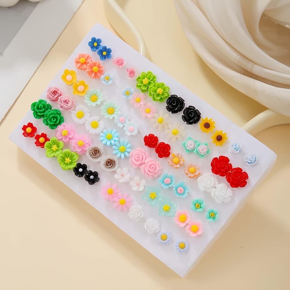TEMU A 72pcs Elegant Resin Earring Set Featuring Floral Elements, Women And As A Gift For