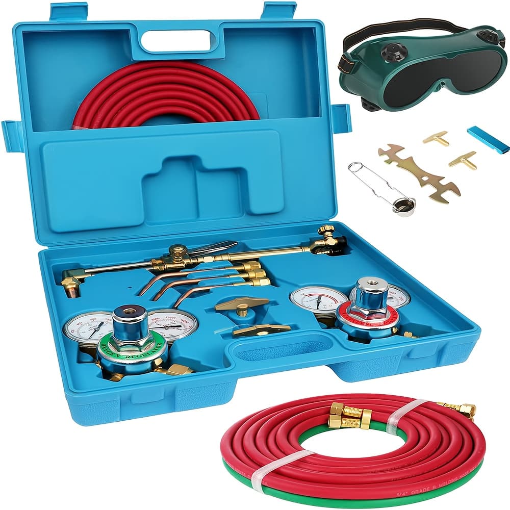 TEMU Cutting Welding Torch Kit, Portable Brazing Kits, Professional Welder Tool Set With 2 Hose, Regulator Gauges, Storage, Blue Case