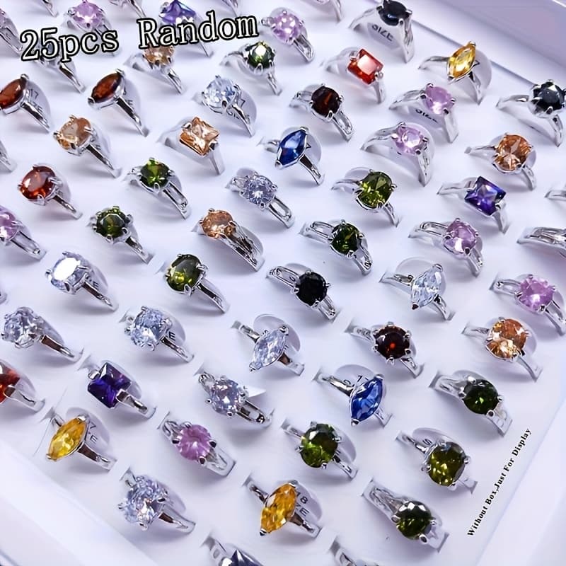 TEMU 25pcs Synthetic Zirconia Shimmering Geometric Ring Color Random- Options For Engagement, Wedding & Evening Parties