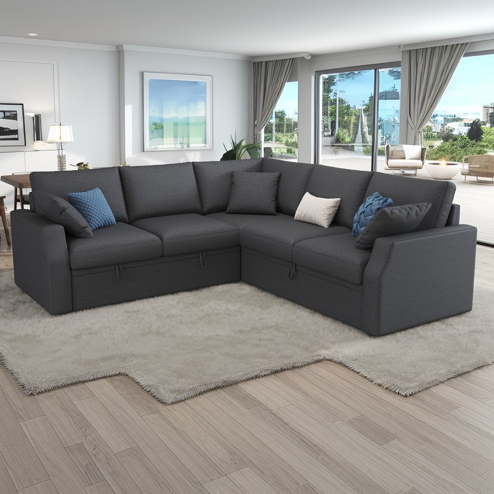 TEMU 85-inch L-shaped Sofa Bed With Pull-out Mattress And Storage Seating, Linen Fabric Corner Sectional Suitable For Living Rooms And Apartments
