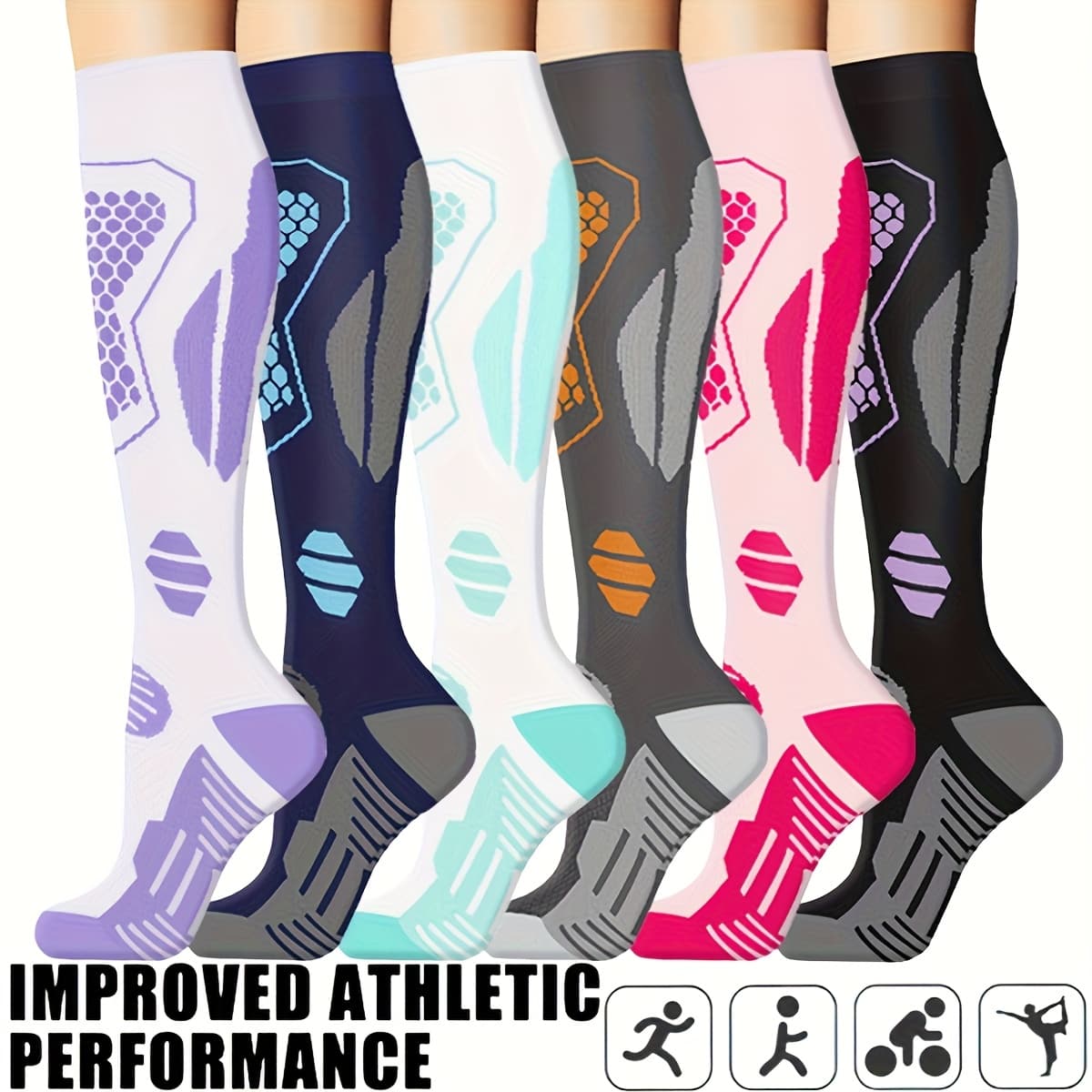 TEMU 6 Pairs Of Compression Socks For Women And Men, Sports Socks For Cycling, Adult Support Tubes For Running, Cycling, Hiking, Travel Socks. Outdoor Sports