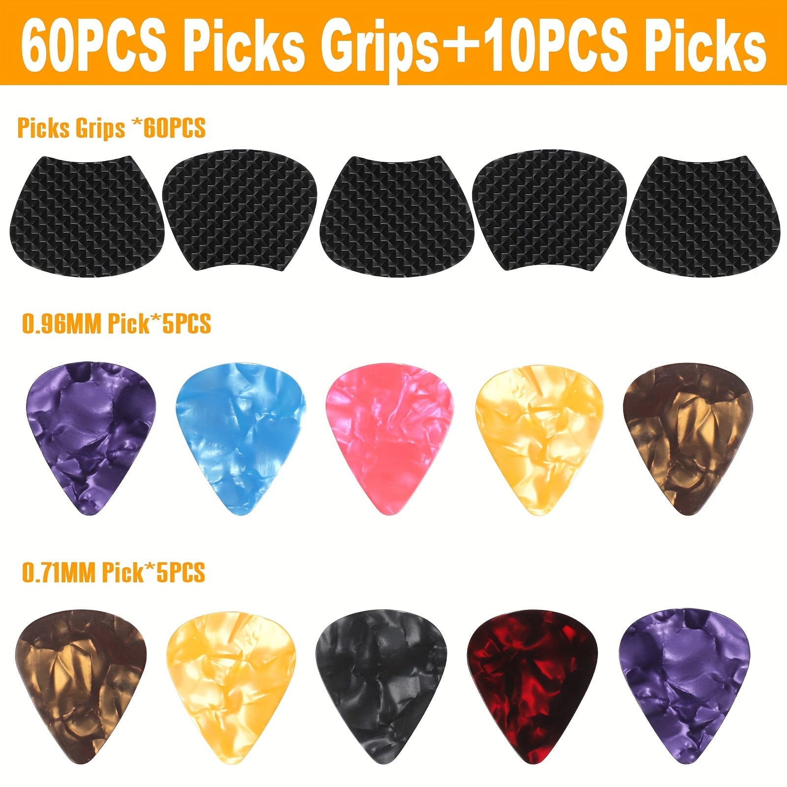 TEMU 60pcs Reusable Guitar Picks Grips, Anti Slip Silicone With 10 Guitar Picks (guitar Pick Colour Random), 2 Different Thicknesses Guitar Picks, Self-adhesive Guitar Pick Holder