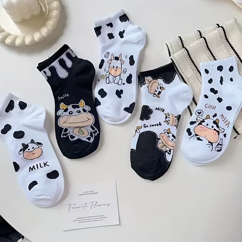 TEMU 5 Pairs Of Stylish Animal Print Cow-themed Comfortable And Soft Women's Socks Suitable For All