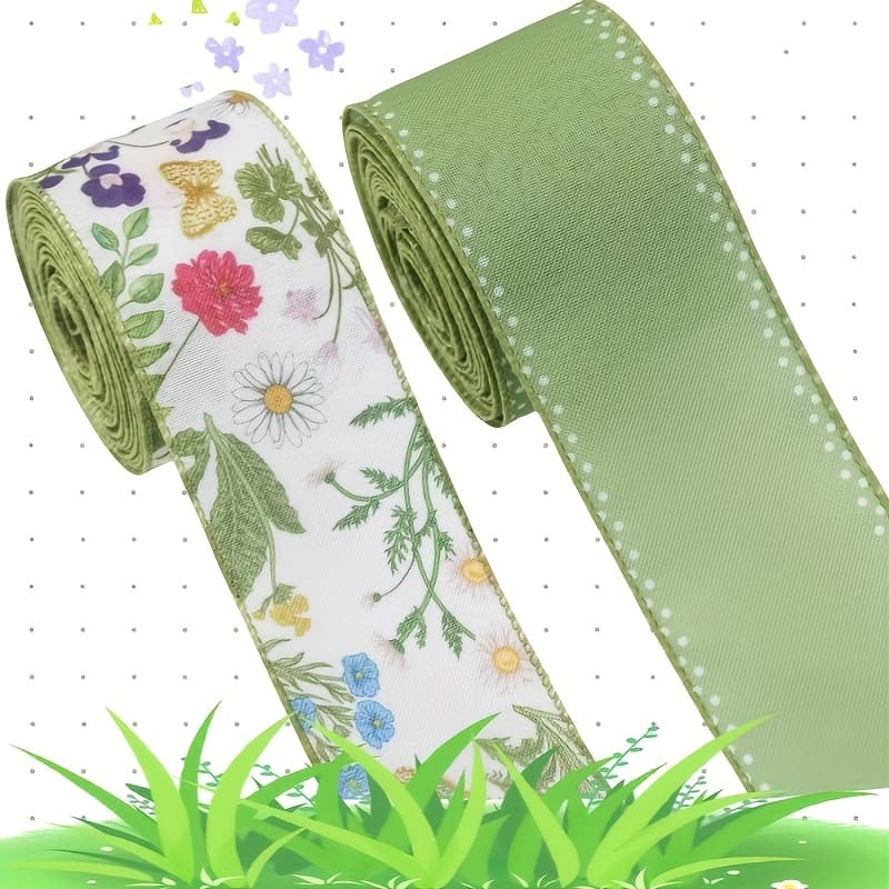 TEMU 2 Rolls 2.5-inch Green Ribbon With Vintage Craft Fabric Ribbon For Garland Bows Making Diy Decorating Supplies