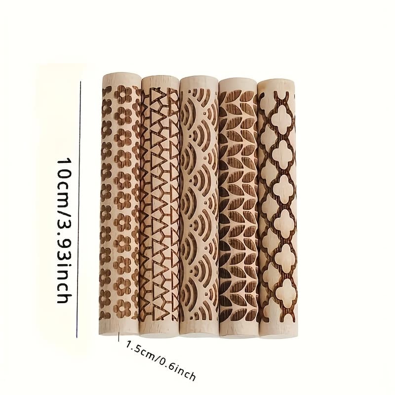 TEMU 5pcs Floral Pressing Rolling Stick Set - Oak - Pattern Rolling Sticks For Baking, Pottery, And Handicrafts - Multi-functional Texture Carving Tools For 's Projects