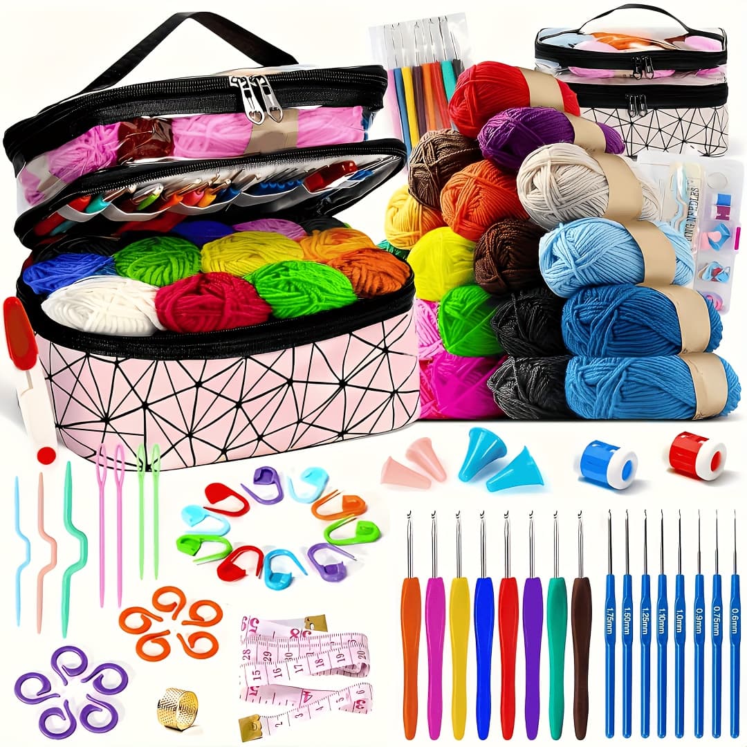 TEMU 74pcs Complete Beginner Crochet Kit With Yarn & Tutorial | Crochet Set With Ergonomic Hooks, Accessories & Portable Storage Bag | Random Dark Pink Accents | Birthday Gift For Adults & Seniors