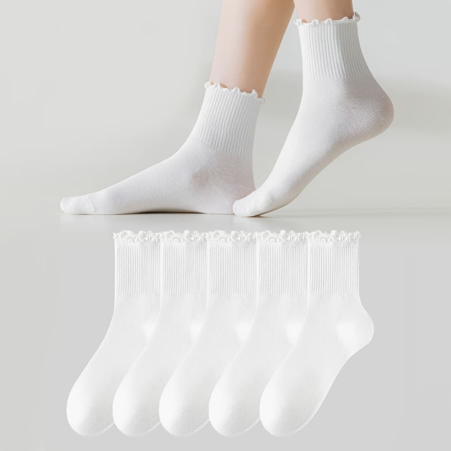 TEMU 5 Pairs Women' Sweet Mushroom Lace Fashion Ruched Lace Mid-calf Socks Suitable For Daily Wear