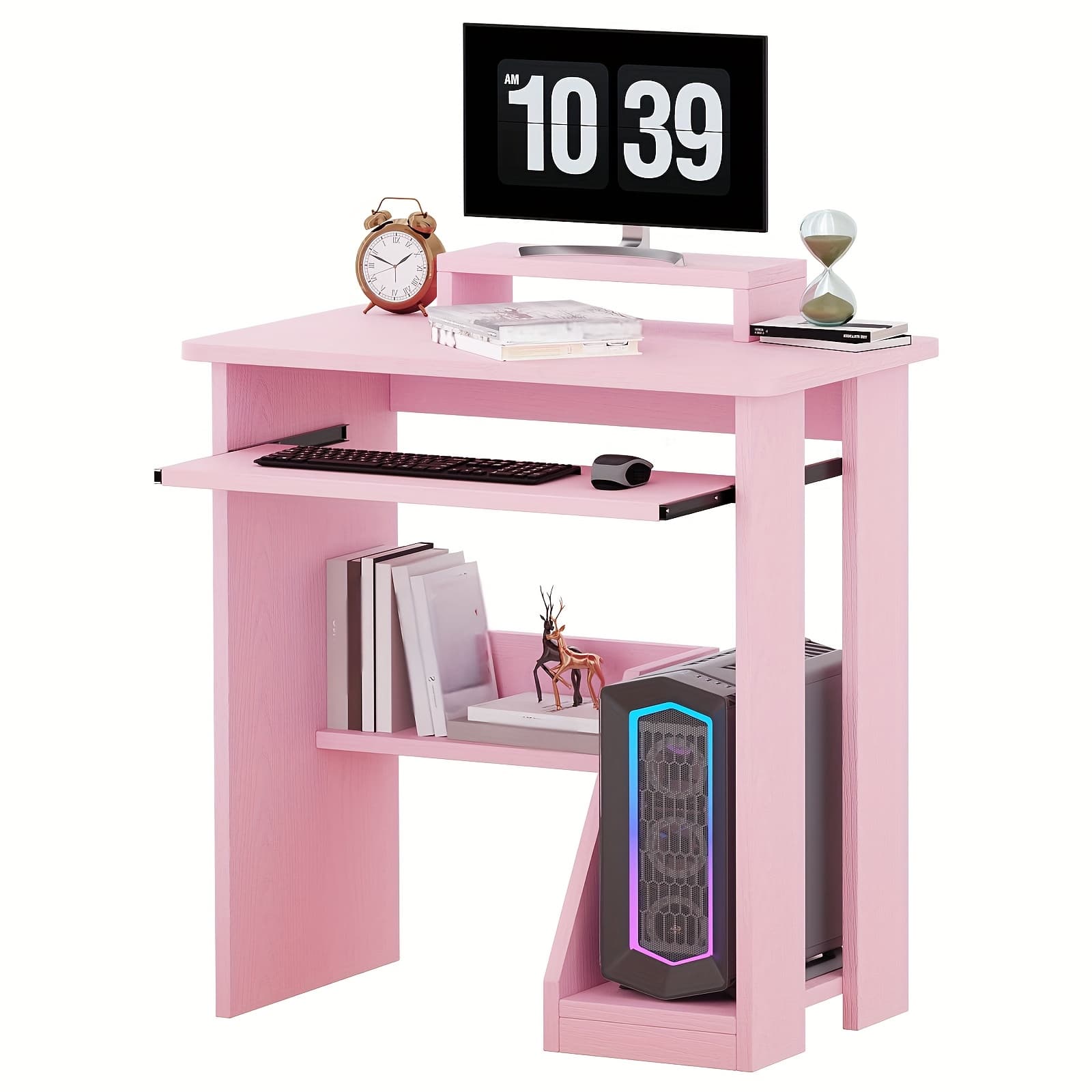 TEMU 30" Pink Corner Computer Desk With Drawers - Space-saving Design, Monitor Stand & Keyboard Tray, Ideal For Home Office Or Bedroom, Sturdy Hardwood Construction