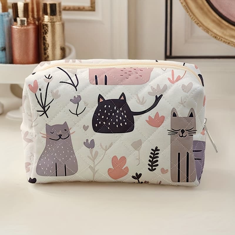 TEMU A Quilted Makeup Bag Featuring An Abstract Kitten Print, This Portable Storage Pouch Is A Multifunctional Zippered Organizer, Perfect For Travel And Suitable For Men And Women