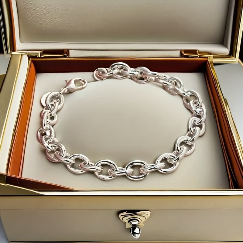 TEMU 1pc Of 925 Silver-plated Round Bead Bracelet - For Valentine's Day Or
