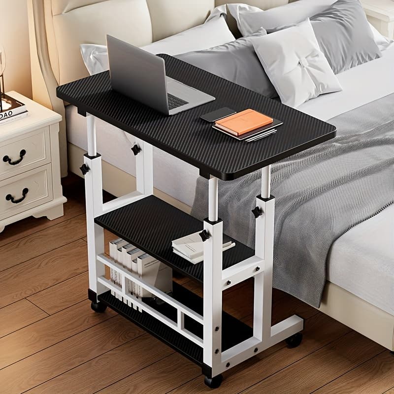 TEMU Three-tier Metal Folding Desk With Casters And Storage Rack; Height-adjustable Desktop; Portable Computer Desk/study Desk; Suitable For Study, Bedroom, Living Room, Office, Or Home Use.