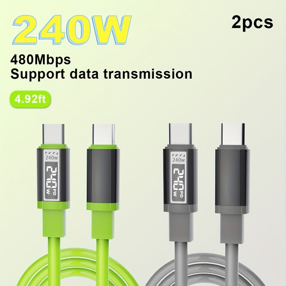 TEMU 2pcs 240w Super Fast Charging 59.06-inch Silicone - Cable With Intelligent Temperature Control & Transmission Usb-c Fast Charging Cable