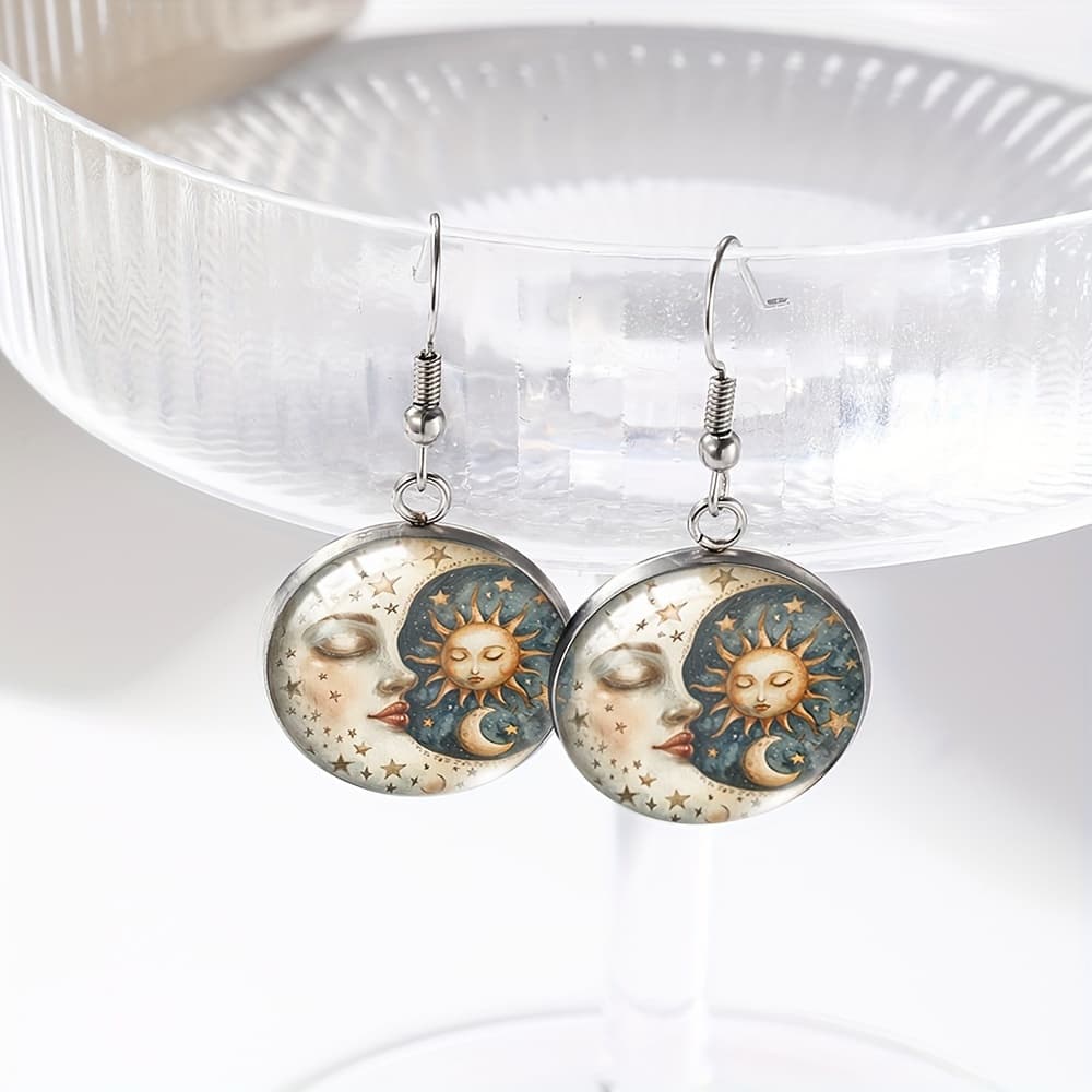 TEMU 1 Pair Celestial Sun Moon Round Earring Handmade Glass Dome Dangle Earring Jewelry