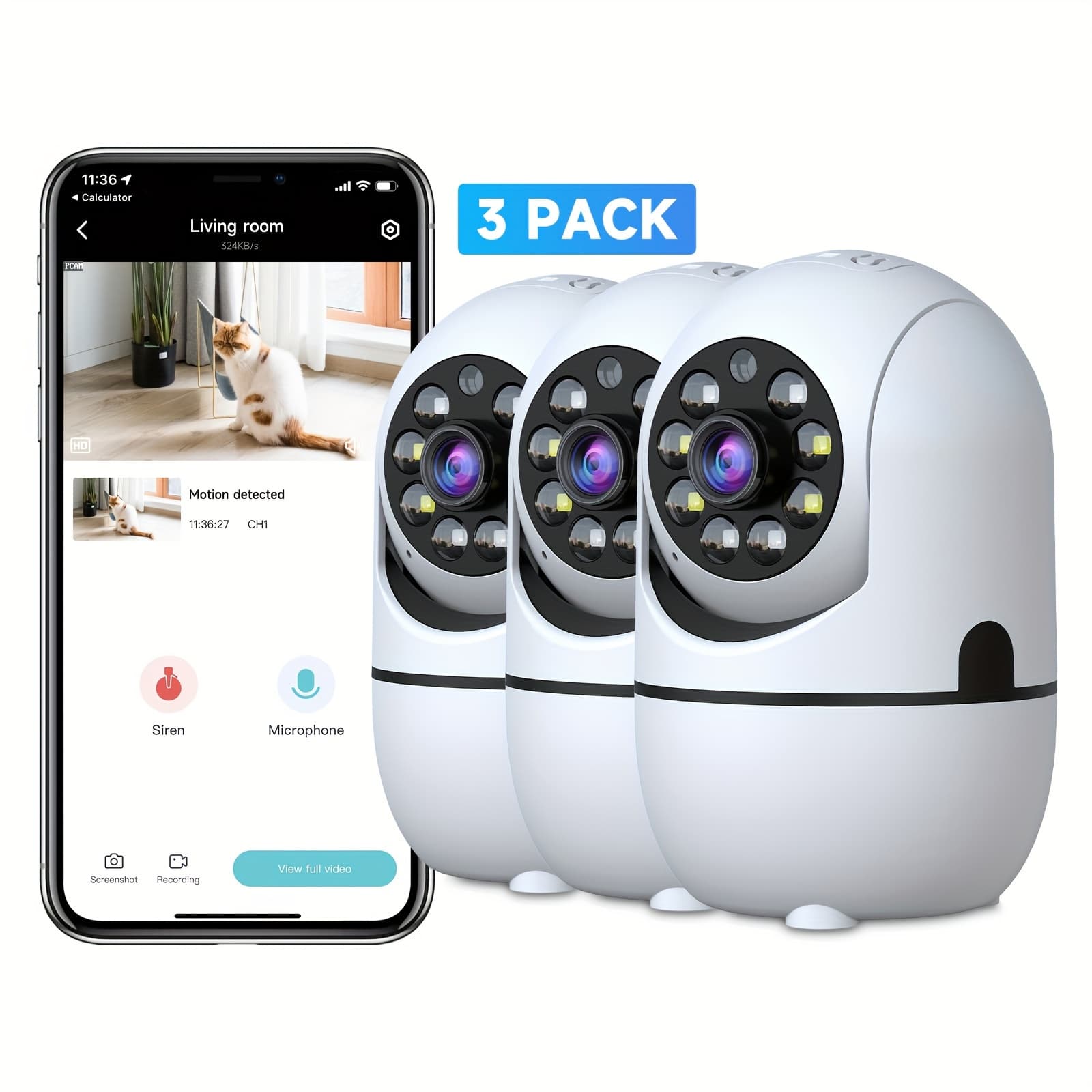 TEMU 3pcs Indoor Camera For Home Security, Wireless W/355° Pan & Tilt, Night Vision, Baby/pet Monitor, Motion Detection, 2-way Talk, 2, 4g Wifi, Cloud & Sd Card Storage, Alexa Ready