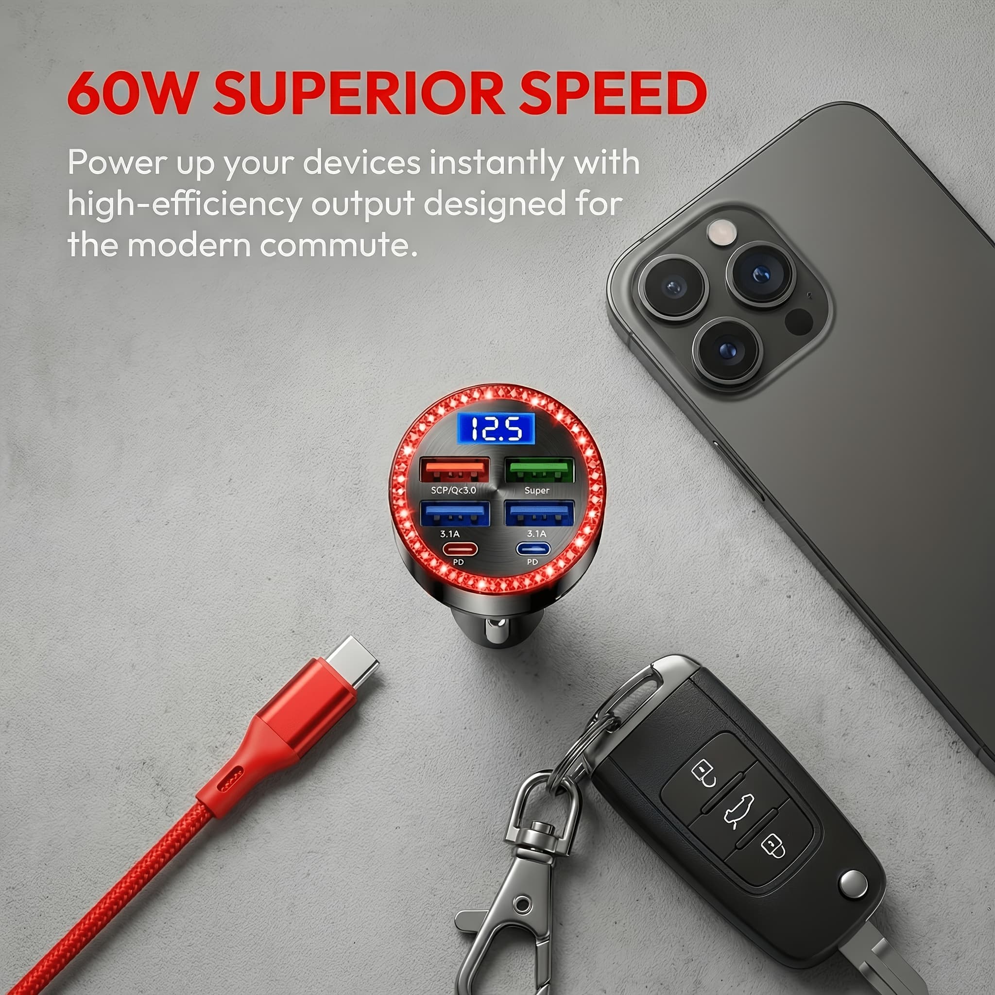 TEMU 6-port Car Charger Fast Charging 60w Usb C Car Adapter Car Plug With For Phone 15 14 Galaxyy S24 S23 Phones Tablets And More- 12-24v