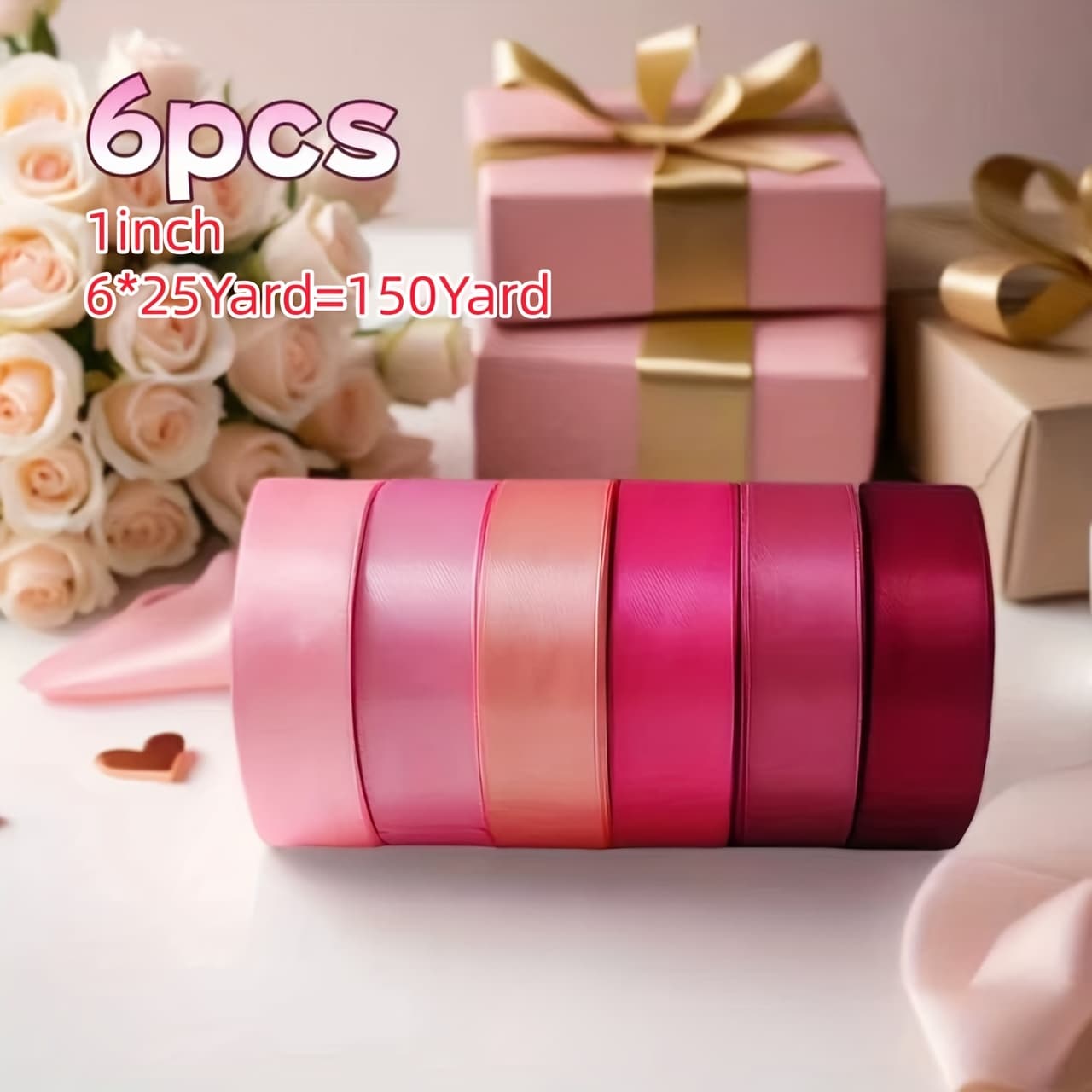 TEMU Pink Satin Ribbon, 1 Inch Wide, 144 Yards Total - Ideal For Gift Wrapping, Wedding Decor, Bridal Showers, Hair Additions, And Craft Projects (pack Of 6 Rolls)