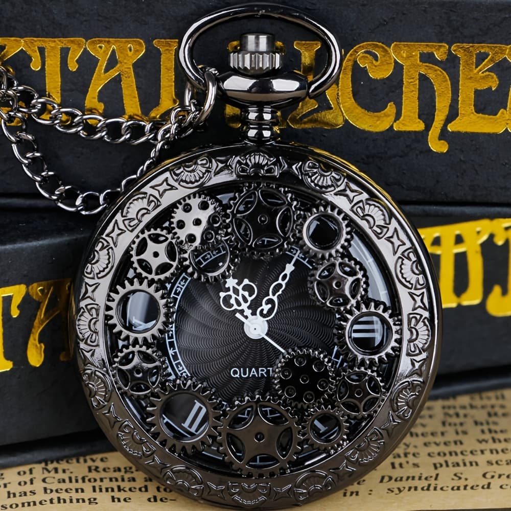 TEMU Vintage Black Hollow Gear Quartz Pocket Watch With Roman - Fashionable Men's Accessory