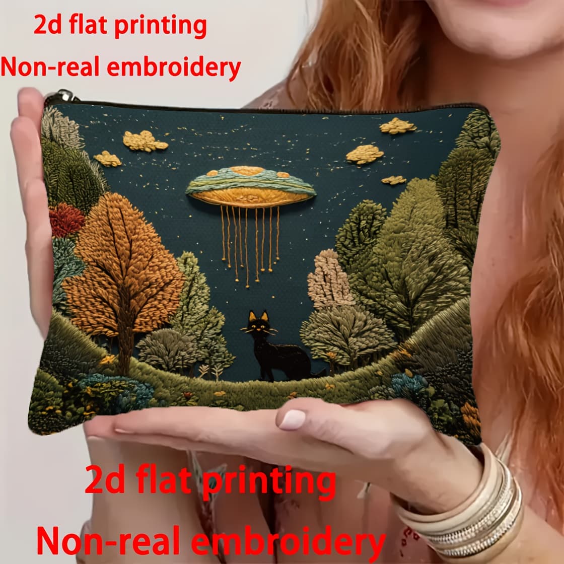 TEMU Whimsical Cat And Ufo Makeup Bag - 2d Double-sided Printed (non-embroidered) Design - Portable Polyester Toiletry Pouch, Ideal Christmas, Halloween, Or Thanksgiving Gift For Cat-loving Women