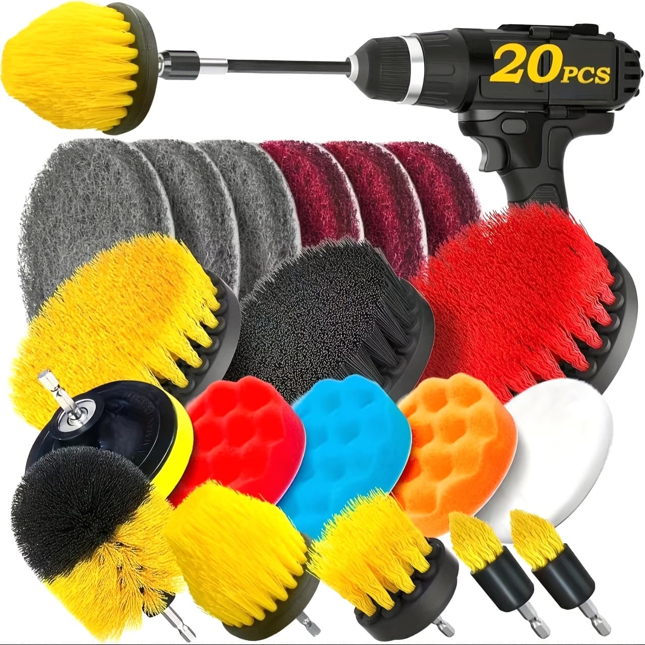 TEMU 20pack Drill Brush Attachments Set, Scrub Pads & Sponge, Buffing Pads, Power Scrubber Brush With Extend Long Attachment, Car Polishing Pad Kit, Cleaning Supplies, Shower Scrub, Scratch Brushes