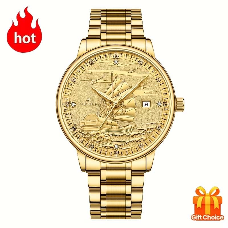 TEMU Juelen Men's Luxurious Golden-tone Automatic Mechanical Watch With Dial Design – Elegant Stainless , , Perfect Gift For Him